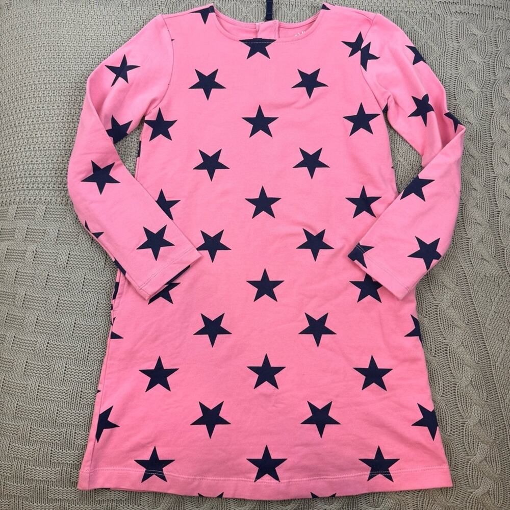 Primary Girls Long Sleeved Pink Dress with Navy Star Accents & Pockets 8/9